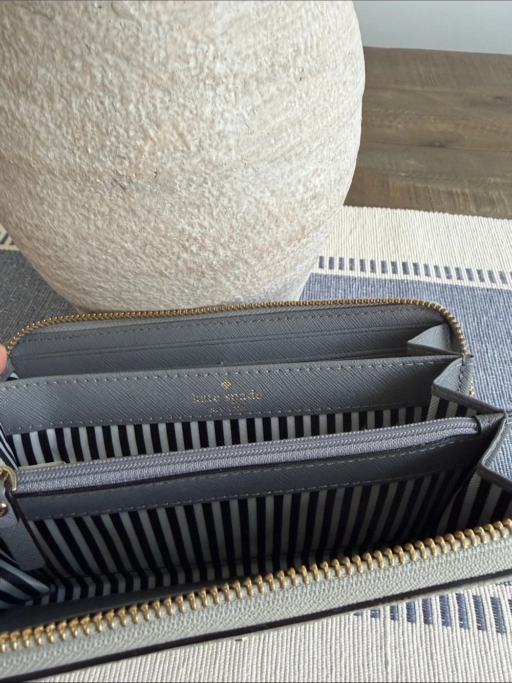 Kate Spade Two-Tone Gray Zip Around Wallet with Gold Hardware